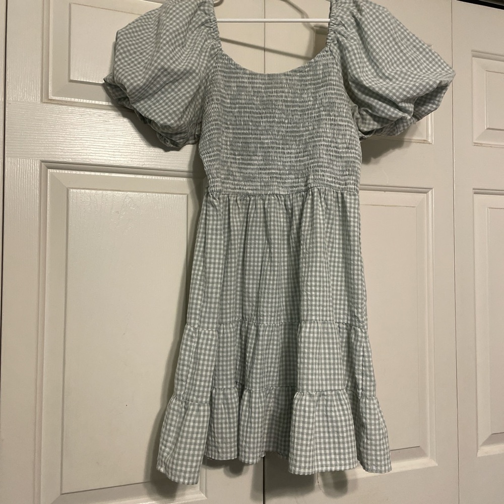 Gingham Puff Sleeve Dress - Green